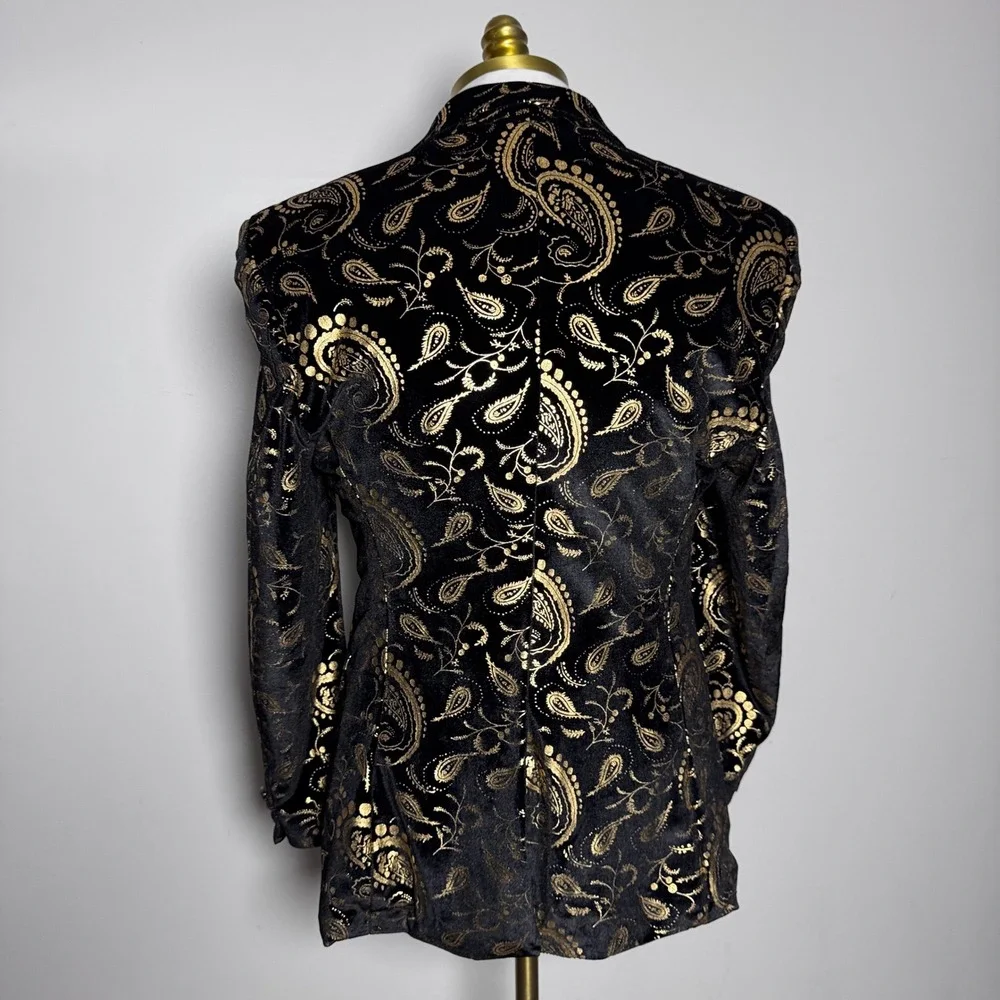 Asian Blazer Mens 38R Black Gold Paisley Metallic Velvet Formal‎ Tuxedo Jacket